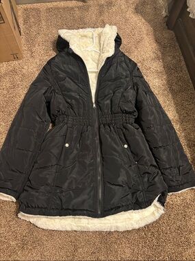 Madden Girl Black Puffer Coat with Cream Sherpa Lining